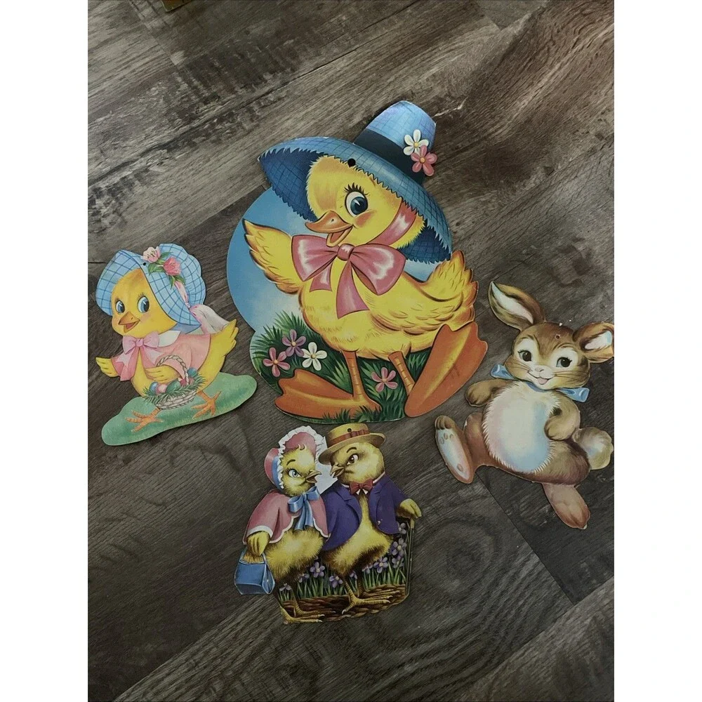 Vintage 1960’s Easter Die Cut Cardboard Wall Decorations Lot Of 4 Duck Bunny